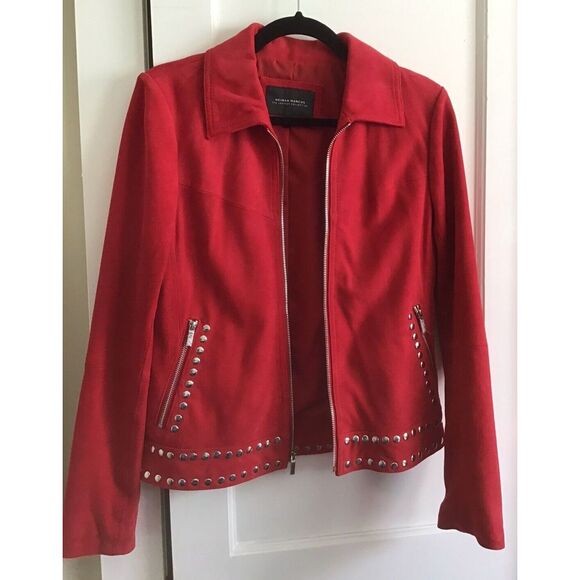 Neiman Marcus Jackets & Blazers - NEIMAN MARCUS Red Suede Leather Studded Moto‎ Jacket Size Small P14682